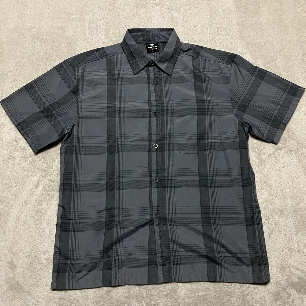 YAGO Shirt Mens Large Gray Plaid Button Up Short‎ Sleeve Baggy Y2K Streetwear